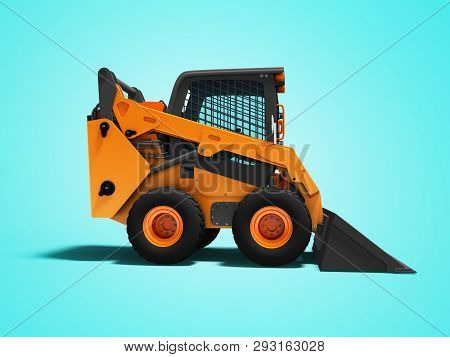 Orange Mini Loader With Protective Cabin With Ladle In Front For Work 3d Render On Blue Background W