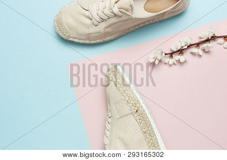 Beige Fashionable Women's Espadrilles With Spring Flowering Branch On Color Pastel Blue Pink Backgro