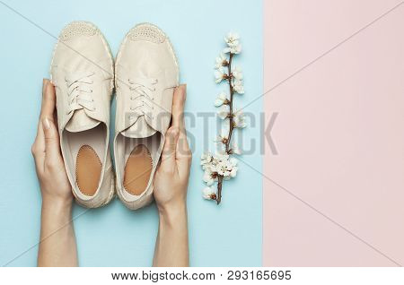 Female Hands Hold Beige Fashionable Espadrilles With Spring Flowering Branch On Pastel Blue Pink Bac