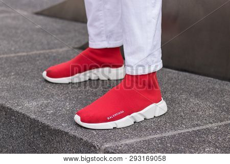 Cape Town, South Africa. 03 April 2019. A Pair Of White And Red Adidas Nmd Running Shoes.