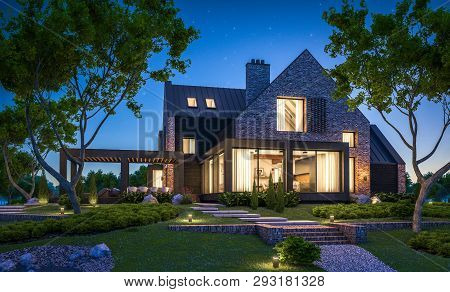 3D Rendering Of Modern Clinker House On The Ponds With Pool In Night