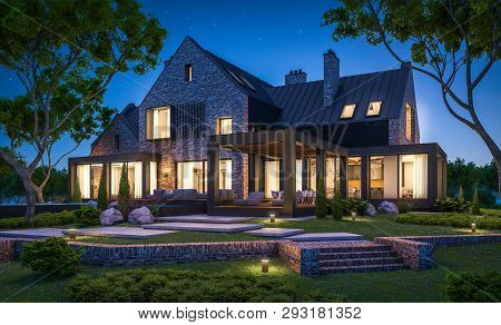 3D Rendering Of Modern Clinker House On The Ponds With Pool In Night