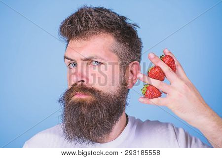 Man Beard Hipster Strawberries Fingers Blue Background. Mostly Carbohydrates Sucrose Fructose Glucos