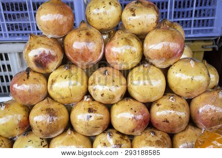 Punica Granatum Or Pomegranate On Stall For Sell At Local Shop In Thailand