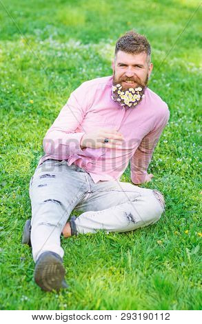 Man With Beard On Smiling Face Enjoy Life Without Allergy. Spring Allergy Concept. Hipster With Dais