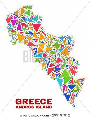 Mosaic Andros Island Of Greece Map Of Triangles In Bright Colors Isolated On A White Background. Tri