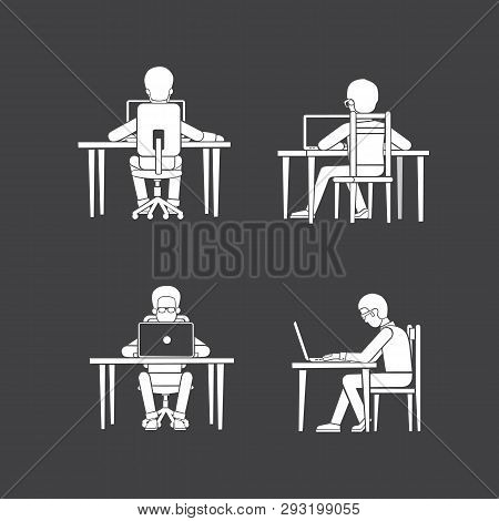 The Man Working On The Computer. The Internet And Social Networking. Black And White Illustration.