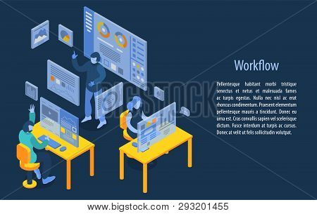 Workflow Management Concept Banner. Isometric Illustration Of Workflow Management Vector Concept Ban
