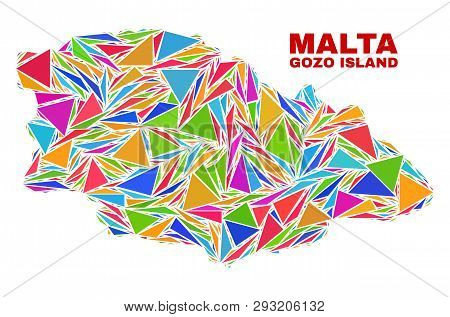 Mosaic Gozo Island Map Of Triangles In Bright Colors Isolated On A White Background. Triangular Coll