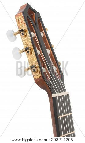 Head Of The Fingerboard, Golden Tuning Pegs Of The Guitar With Ornament, Close Up, Isolated On A Whi