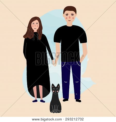 Happy Young Family With A Cat. Vector Illustration