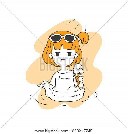 Cute Girl Hold Melting Icecream In Summer, Simple And Clean Line  Cartoon Style Vector Ilustration