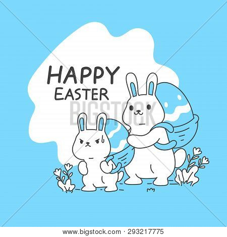 Cute Rabbits Carry Easter Eggs On Back Simple And Clean Line Vector Illustration