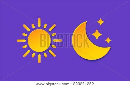 Sun And Moon Weather Forecast Info Set. Yellow Day, Night Symbol, Star Paper Cut Style. Climate Weat
