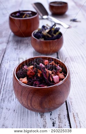 Dry Mix For Brewing Fruit Tea On White Wooden Table