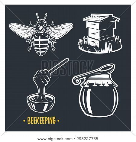 Beekeeping. Set Of Vintage Honey Labels, Badges, Logotypes And Design Elements. Apiary Logo Template