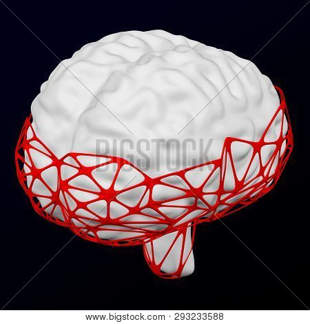 Internet Addiction Disorder. Human Brain In The Neton Black And Dark Blue Background. 3d Rendering.