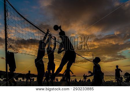 February 2019. Patong Thailand. Volleyball At Sunset On Patong Beach In Patong Thailand