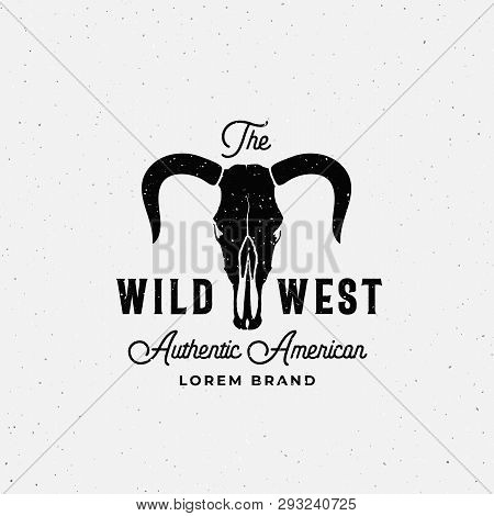 Wild West American Abstract Vector Sign, Symbol Or Logo Template. Bull Or Cow Skull With Horns And R