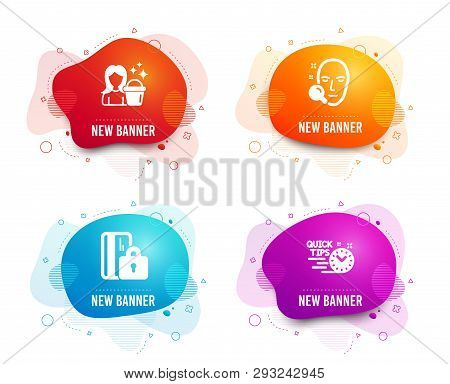 Liquid Badges. Set Of Cleaning, Face Search And Blocked Card Icons. Quick Tips Sign. Maid Service, F