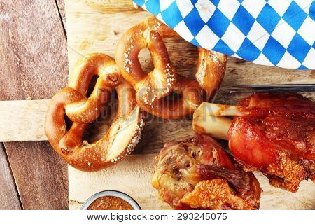 Traditional German Cuisine, Schweinshaxe Roasted Ham Hock And Pretzels