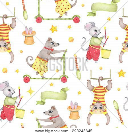 Watercolor Circus Animal Seamless Pattern With Monkey Hanging On Swing, Dog Riding On Scooter, Mouse