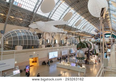 Moscow, Russia - November 28, 2018: Interior exhibition in the Space pavilion at VDNH. Modern museum of russian cosmos exploration