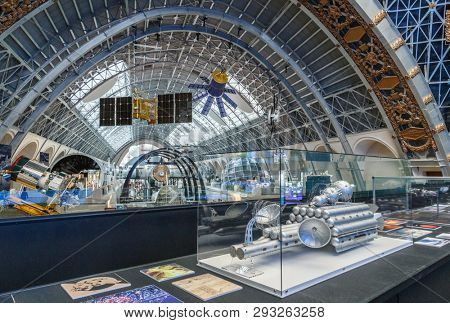 Moscow, Russia - November 28, 2018: Interior exhibition in the Space pavilion at VDNH. Modern museum of russian cosmos exploration
