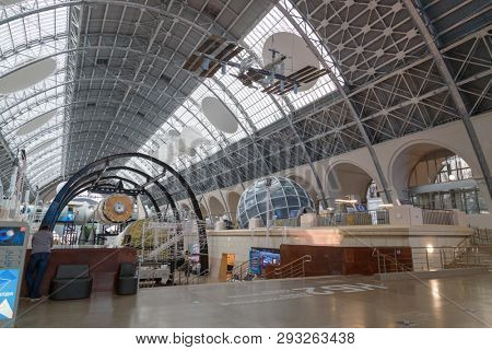 Moscow, Russia - November 28, 2018: Interior exhibition in the Space pavilion at VDNH. Modern museum of russian cosmos exploration
