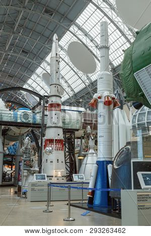 Moscow, Russia - November 28, 2018: Interior exhibition in the Space pavilion at VDNH. Modern museum of russian cosmos exploration