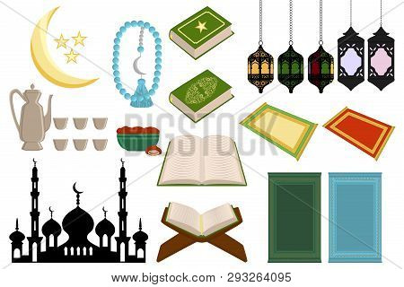Illustration On Theme Big Colored Set Different Types Object To Celebration Holiday Ramadan Kareem. 