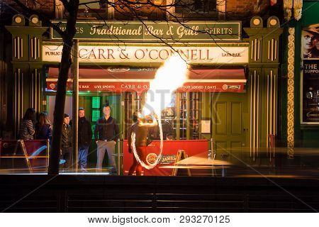 Dublin, Ireland, Feb 2013, Fire Breather Performance At Bar Entrance