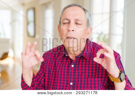 Close up of handsome senior man at home relax and smiling with eyes closed doing meditation gesture with fingers. Yoga concept.