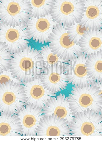 Chamomile Flower Pattern On Background Green. Vector Illustration.