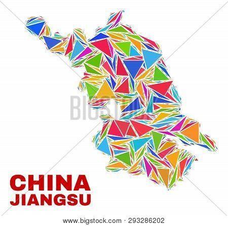 Mosaic Jiangsu Province Map Of Triangles In Bright Colors Isolated On A White Background. Triangular