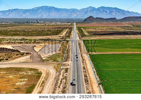 West Avra Valley Road In Marana, Arizona, Aerial View Looking East Towards Mt. Lemmon And The Santa 