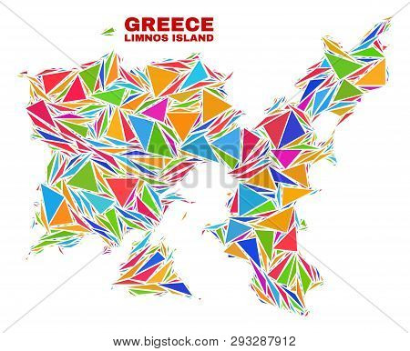 Mosaic Limnos Island Map Of Triangles In Bright Colors Isolated On A White Background. Triangular Co
