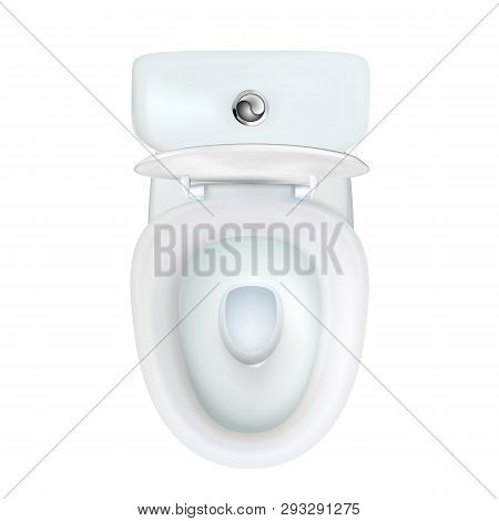 Realistic Open White Toilet Bowl With Modern Tank. Household Isolated Illustration Of View Top. Vect