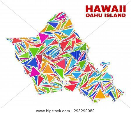 Mosaic Oahu Island Map Of Triangles In Bright Colors Isolated On A White Background. Triangular Coll