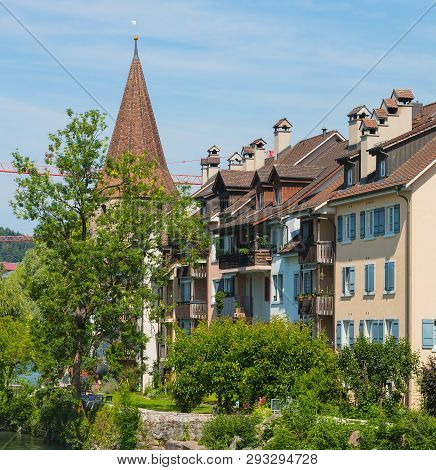 Buildings Of The Historic Part Of The Town Of Bremgarten Along The Reuss River In Summer. Bremgarten
