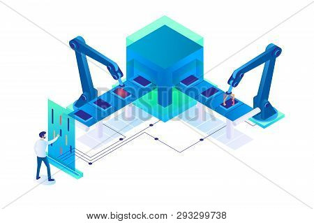 3d Isometric Man At Work With Semi Automatic Production. Concept Businessman Employee Character With