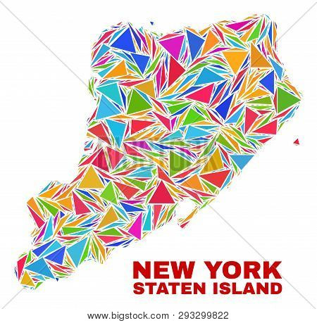 Mosaic Staten Island Map Of Triangles In Bright Colors Isolated On A White Background. Triangular Co