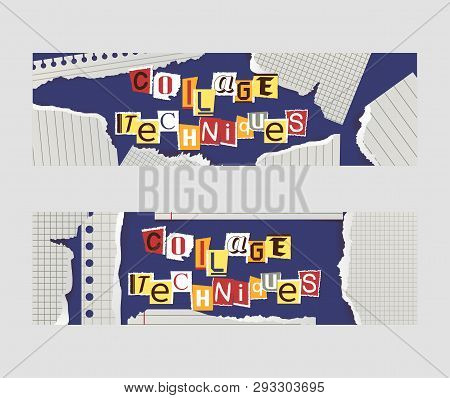 Alphabetical Collage Set Of Banners Vector Illustration. Words Cut Out By Scissors From Colorful Pap