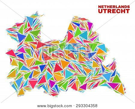 Mosaic Utrecht Province Map Of Triangles In Bright Colors Isolated On A White Background. Triangular