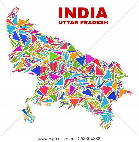 Mosaic Uttar Pradesh State Map Of Triangles In Bright Colors Isolated On A White Background. Triangu
