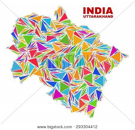 Mosaic Uttarakhand State Map Of Triangles In Bright Colors Isolated On A White Background. Triangula
