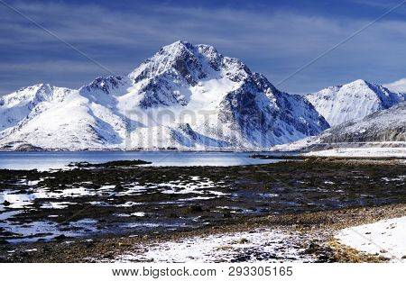 Alpine winter landscape in Lofoten Archipelago, Norway, Europe