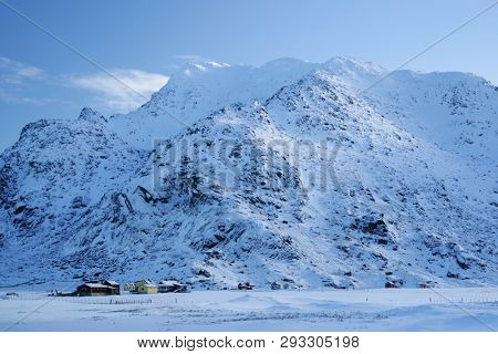 Alpine winter landscape in Lofoten Archipelago, Norway, Europe