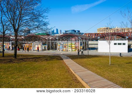 Moscow, Russia - April, 1, 2019: Art vernissage on Krimskiy Val in Moscow, Russia