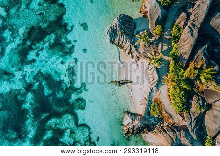 Aerial Photo Of Famous Paradiselike Tropical Beach Anse Source D Argent At La Digue Island, Seychell